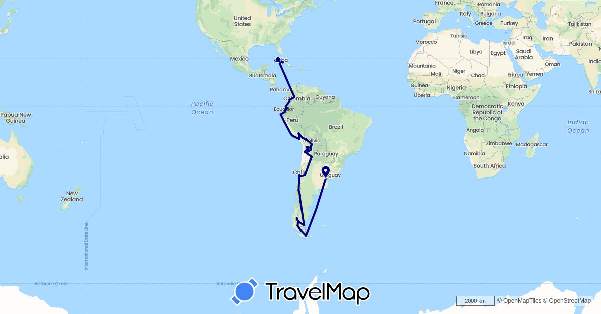 TravelMap itinerary: driving in Argentina, Bolivia, Chile, Colombia, Cuba, Ecuador, Peru (North America, South America)